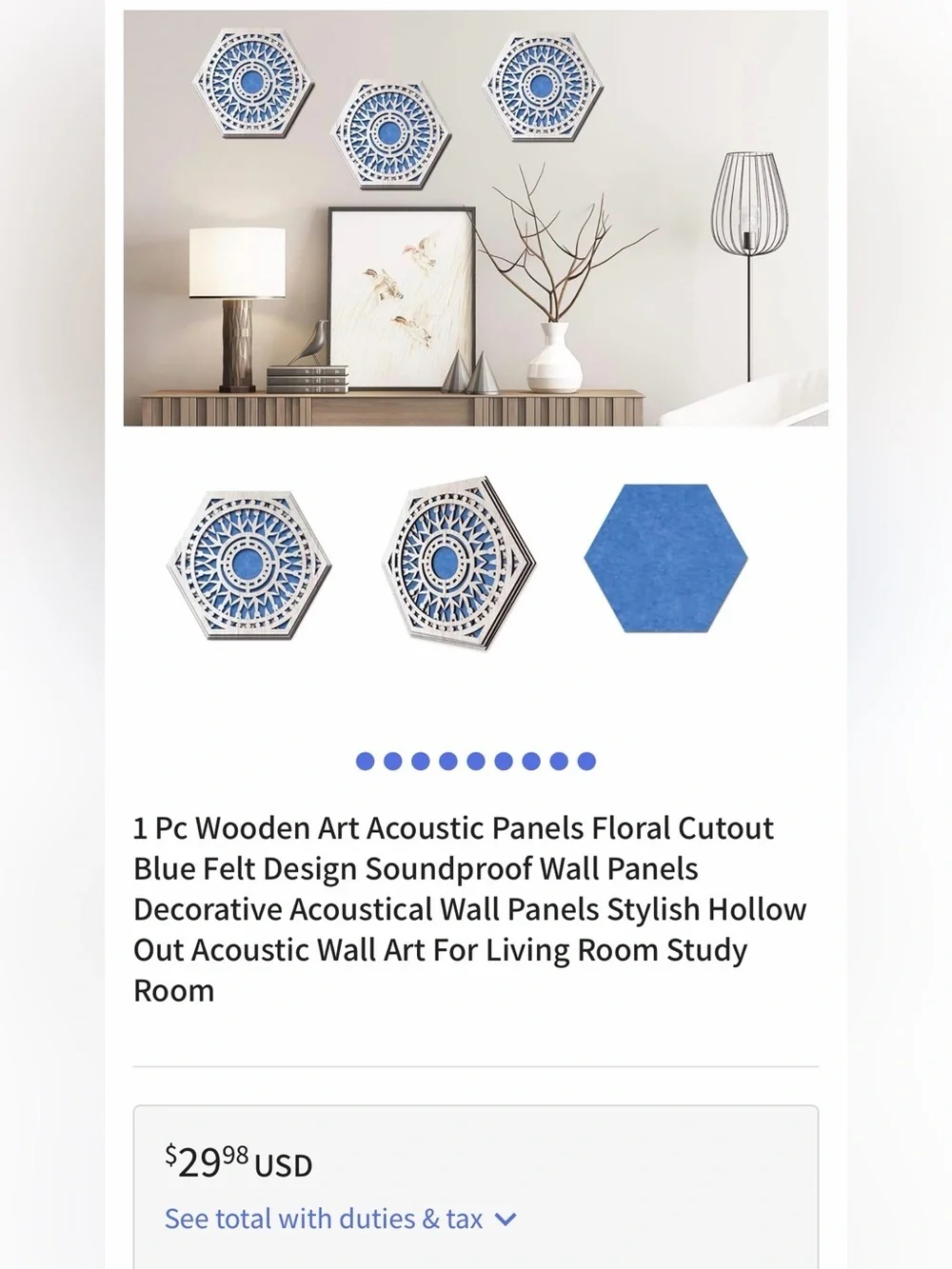 2 pieces Hexagon Laser-Cut Wood Wall Plaques with Blue and Green acoustic Inlays